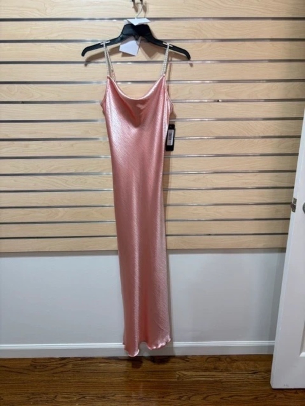 Bebe NWT blush pink satin slip dress with pearl straps size-L